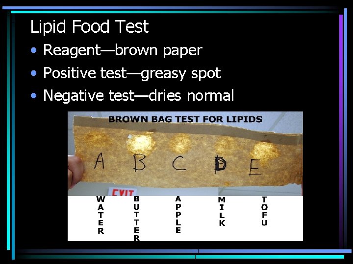 Lipid Food Test • Reagent—brown paper • Positive test—greasy spot • Negative test—dries normal