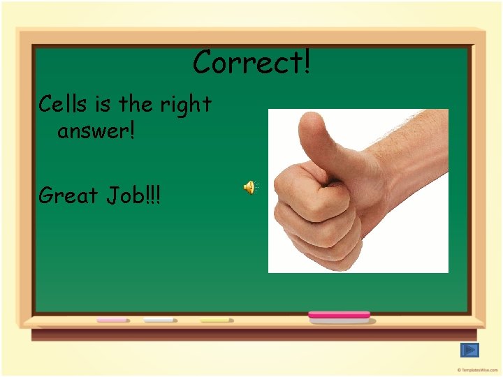 Correct! Cells is the right answer! Great Job!!! 
