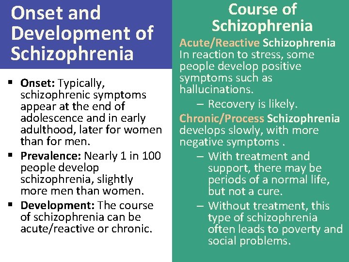 Onset and Development of Schizophrenia § Onset: Typically, schizophrenic symptoms appear at the end