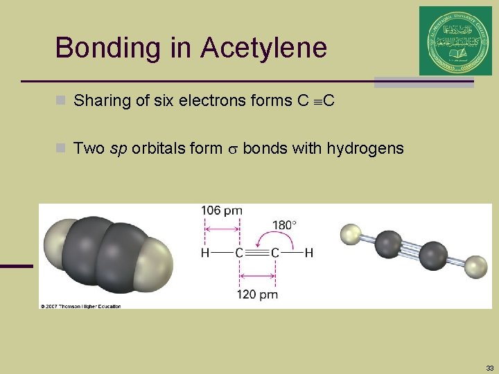 Bonding in Acetylene n Sharing of six electrons forms C ºC n Two sp