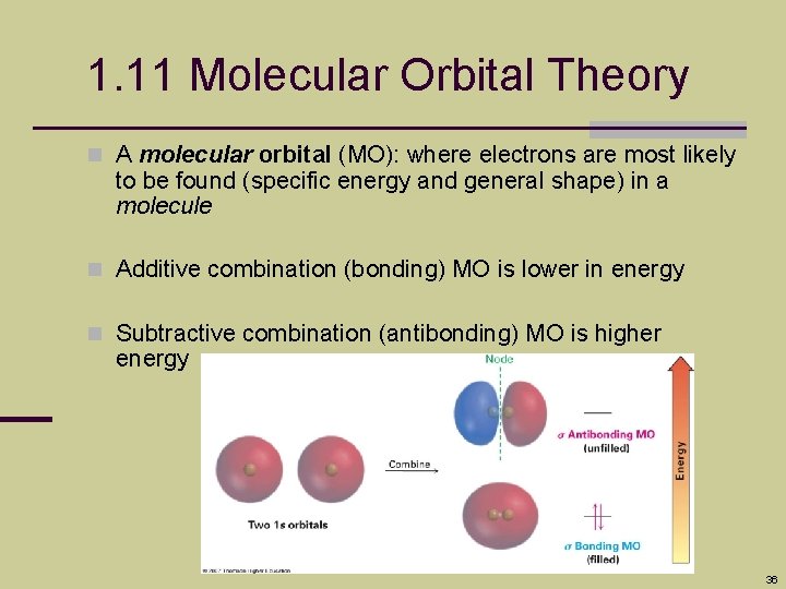 1. 11 Molecular Orbital Theory n A molecular orbital (MO): where electrons are most