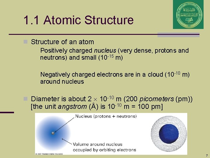 1. 1 Atomic Structure n Structure of an atom n Positively charged nucleus (very