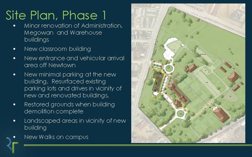 Site Plan, Phase 1 • Minor renovation of Administration, Megowan and Warehouse buildings • Site Plan, Phase 1 • Minor renovation of Administration, Megowan and Warehouse buildings •