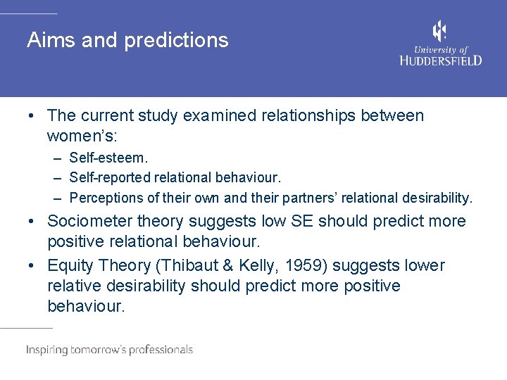 Aims and predictions • The current study examined relationships between women’s: – Self-esteem. –