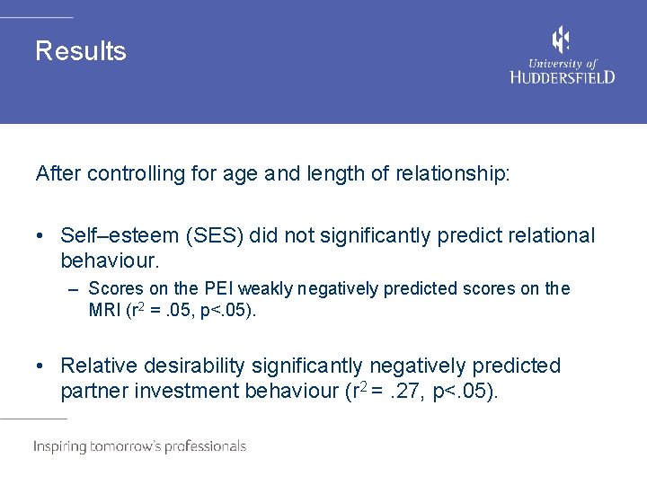 Results After controlling for age and length of relationship: • Self–esteem (SES) did not