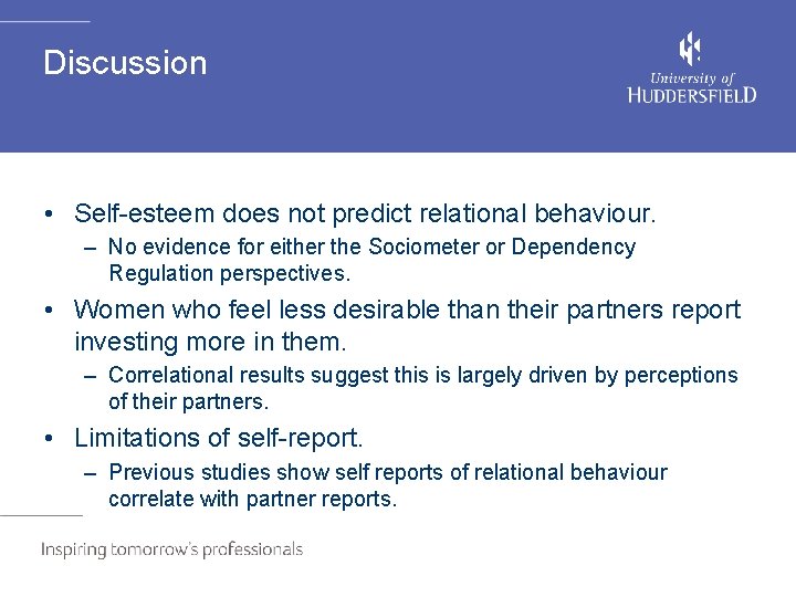 Discussion • Self-esteem does not predict relational behaviour. – No evidence for either the