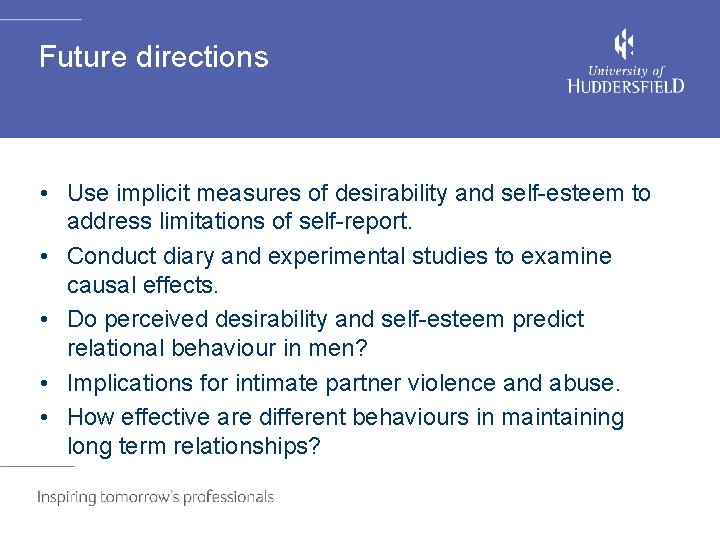 Future directions • Use implicit measures of desirability and self-esteem to address limitations of