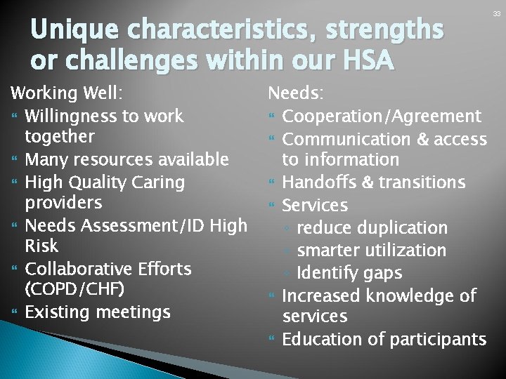 Unique characteristics, strengths or challenges within our HSA Working Well: Willingness to work together