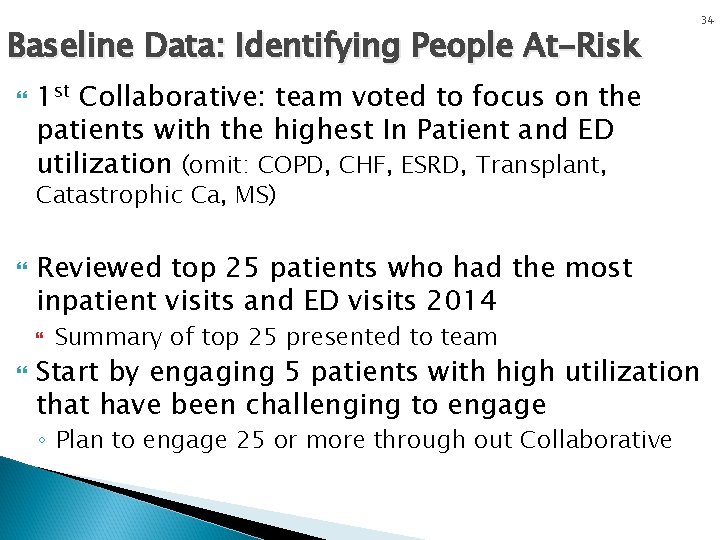 Baseline Data: Identifying People At-Risk 1 st Collaborative: team voted to focus on the