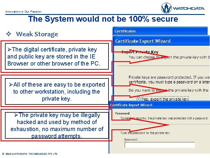Innovation is Our Passion The System would not be 100% secure v Weak Storage