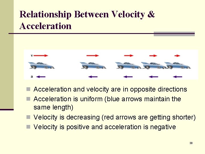 Relationship Between Velocity & Acceleration n Acceleration and velocity are in opposite directions n