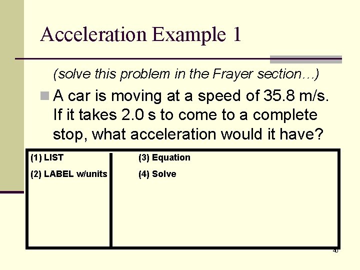 Acceleration Example 1 (solve this problem in the Frayer section…) n A car is