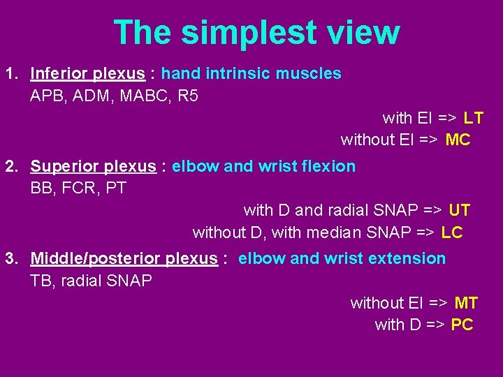 The simplest view 1. Inferior plexus : hand intrinsic muscles APB, ADM, MABC, R