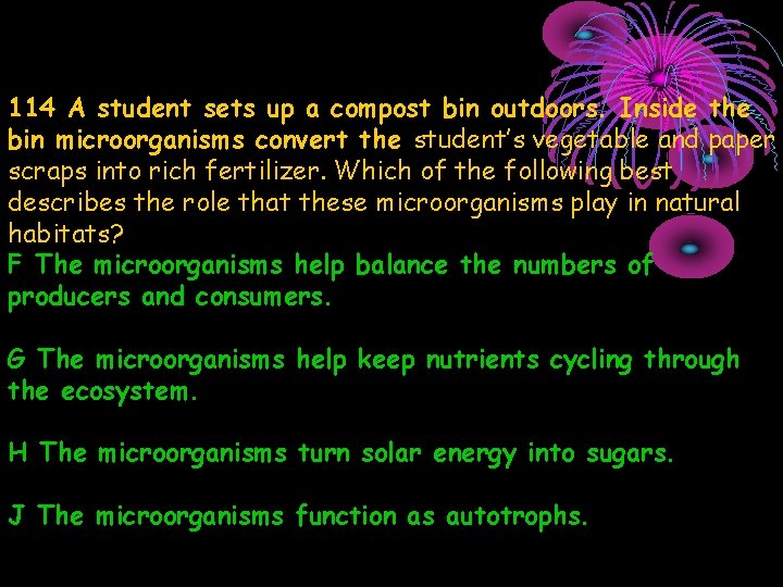 114 A student sets up a compost bin outdoors. Inside the bin microorganisms convert