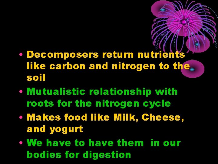  • Decomposers return nutrients like carbon and nitrogen to the soil • Mutualistic