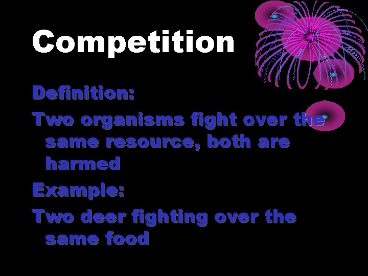 Competition Definition: Two organisms fight over the same resource, both are harmed Example: Two