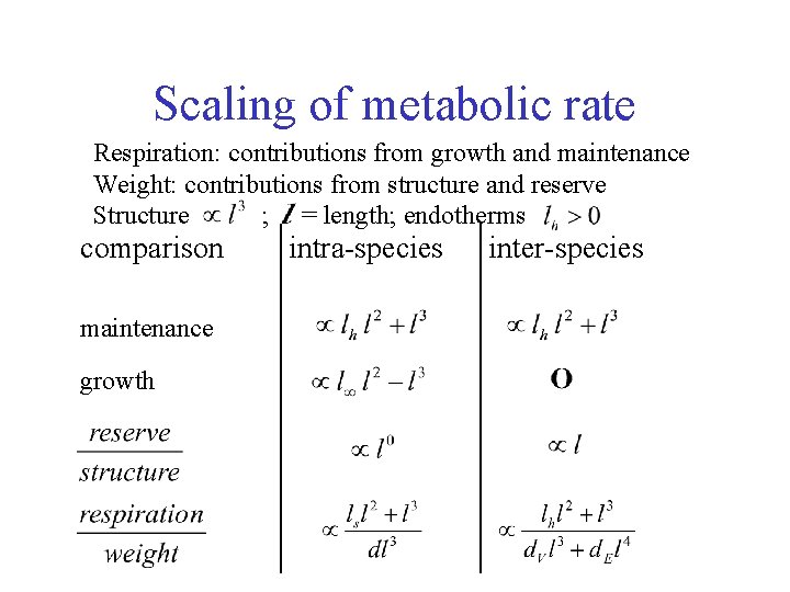 Scaling of metabolic rate Respiration: contributions from growth and maintenance Weight: contributions from structure