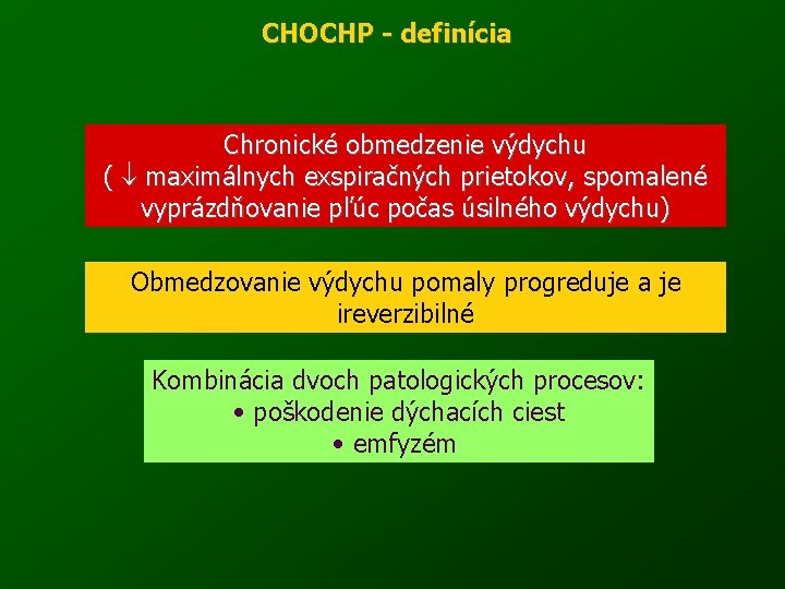 CHOCHP - definícia Chronické obmedzenie výdychu ( maximálnych exspiračných prietokov, spomalené vyprázdňovanie pľúc počas
