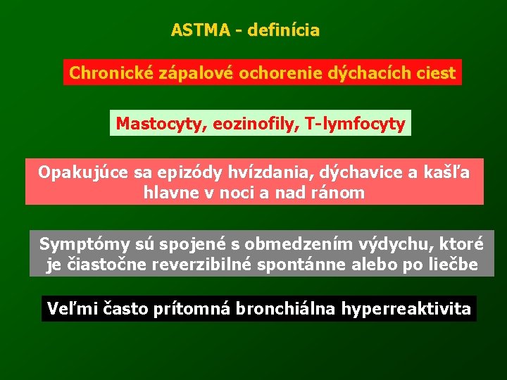 ASTMA - definícia Chronické zápalové ochorenie dýchacích ciest Mastocyty, eozinofily, T-lymfocyty Opakujúce sa epizódy