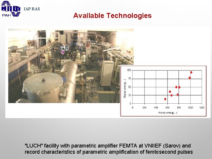 IAP RAS Available Technologies "LUCH" facility with parametric amplifier FEMTA at VNIIEF (Sarov) and