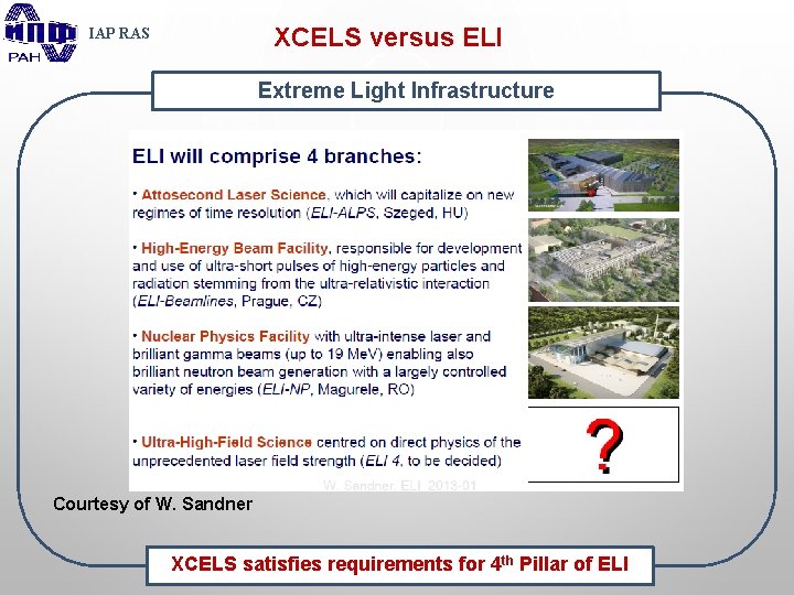 XCELS versus ELI IAP RAS Extreme Light Infrastructure Courtesy of W. Sandner XCELS satisfies