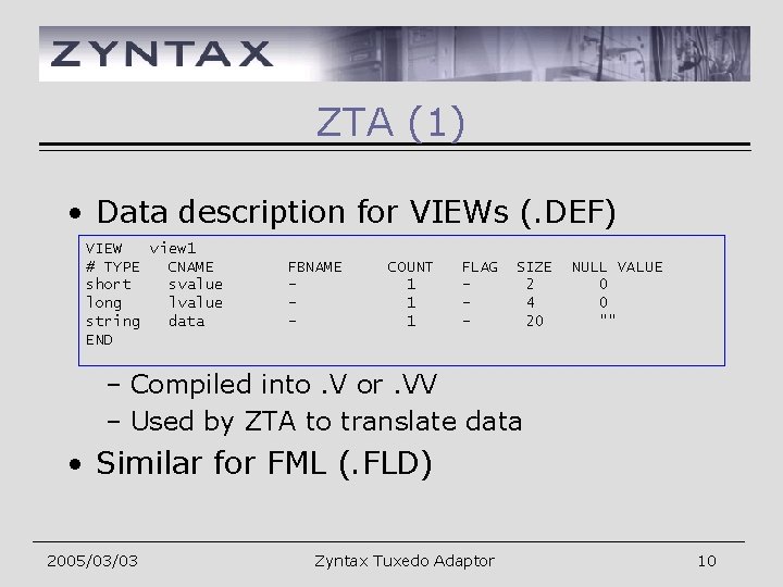 ZTA (1) • Data description for VIEWs (. DEF) VIEW view 1 # TYPE