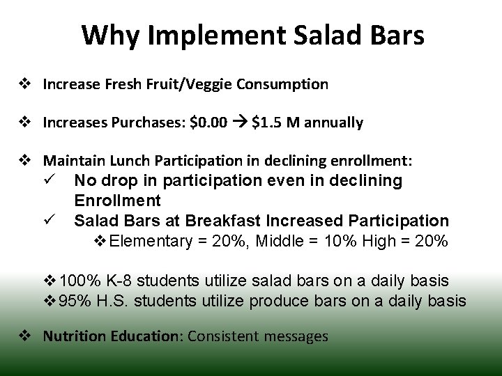 Why Implement Salad Bars v Increase Fresh Fruit/Veggie Consumption v Increases Purchases: $0. 00