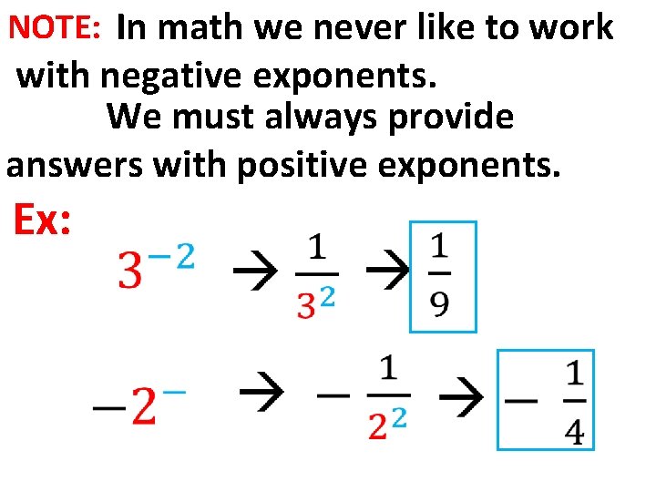 NOTE: In math we never like to work with negative exponents. We must always