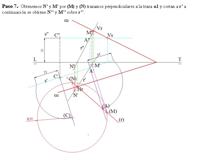 Paso 7. - Obtenemos N’ y M’ por (M) y (N) trazamos perpendiculares a