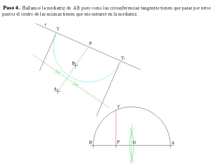Paso 4. - Hallamos la mediatriz de AB pues como las circunferencias tangentes tienen