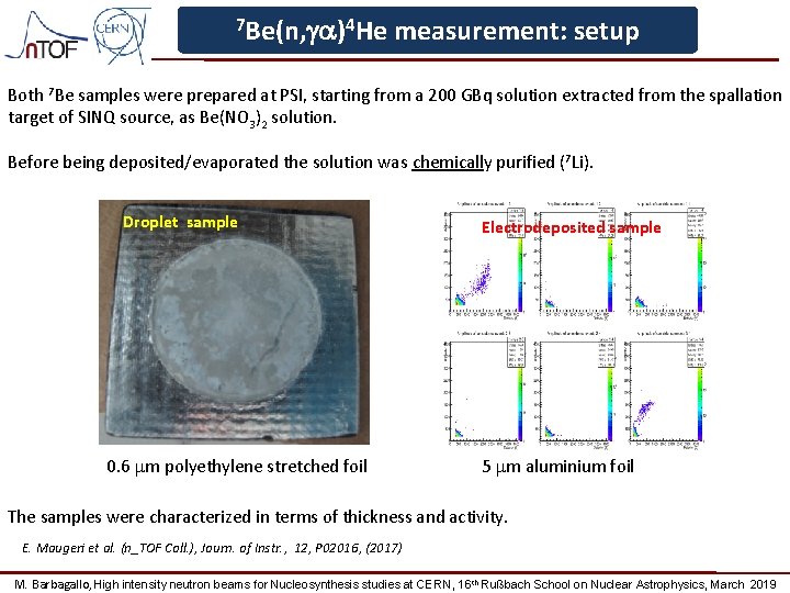 7 Be(n, ga)4 He measurement: setup Both 7 Be samples were prepared at PSI,