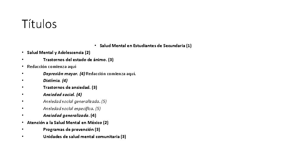 Títulos • Salud Mental en Estudiantes de Secundaria (1) • Salud Mental y Adolescencia
