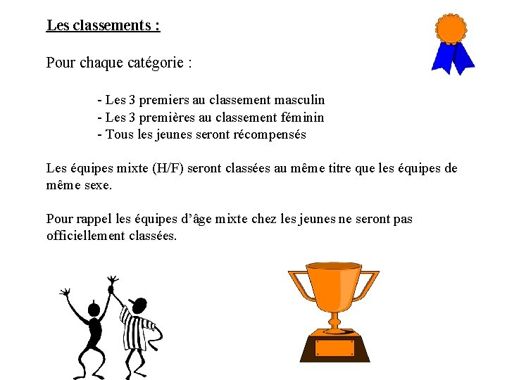 Les classements : Pour chaque catégorie : - Les 3 premiers au classement masculin