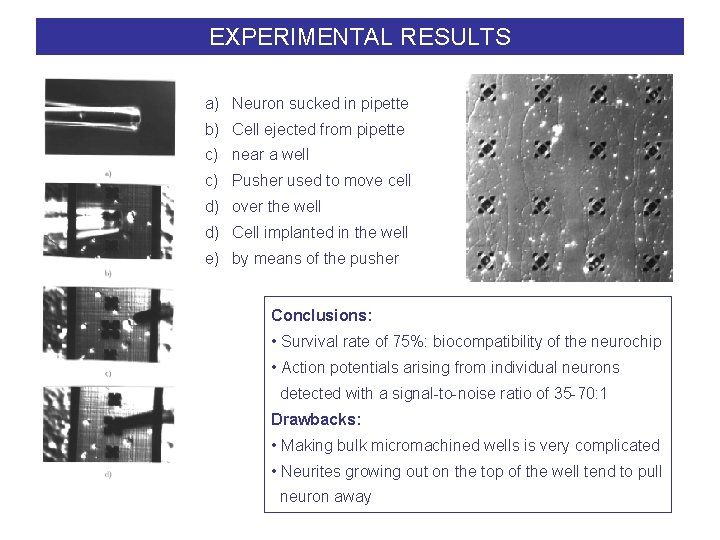 EXPERIMENTAL RESULTS a) Neuron sucked in pipette b) Cell ejected from pipette c) near