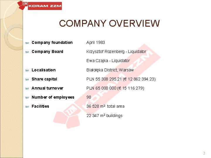 COMPANY OVERVIEW Company foundation April 1983 Company Board Krzysztof Rozenberg - Liquidator Ewa Czajka