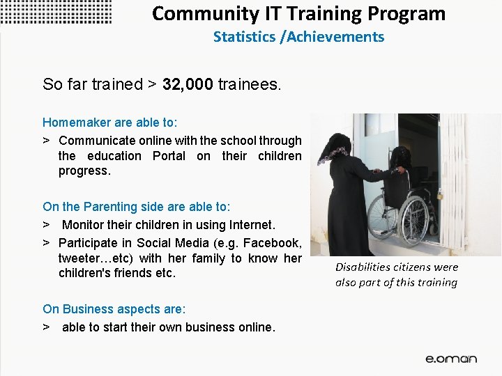 Community IT Training Program Statistics /Achievements So far trained > 32, 000 trainees. Homemaker