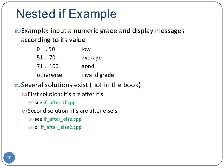 Nested if Example: input a numeric grade and display messages according to its value