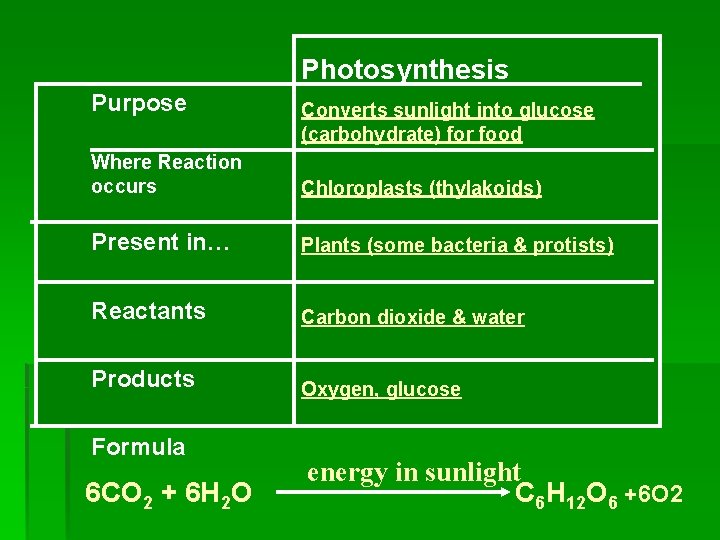 Photosynthesis Purpose Converts sunlight into glucose (carbohydrate) for food Where Reaction occurs Chloroplasts (thylakoids)