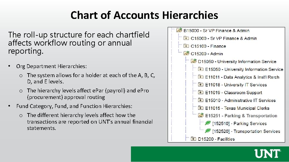 Chart of Accounts Hierarchies The roll-up structure for each chartfield affects workflow routing or