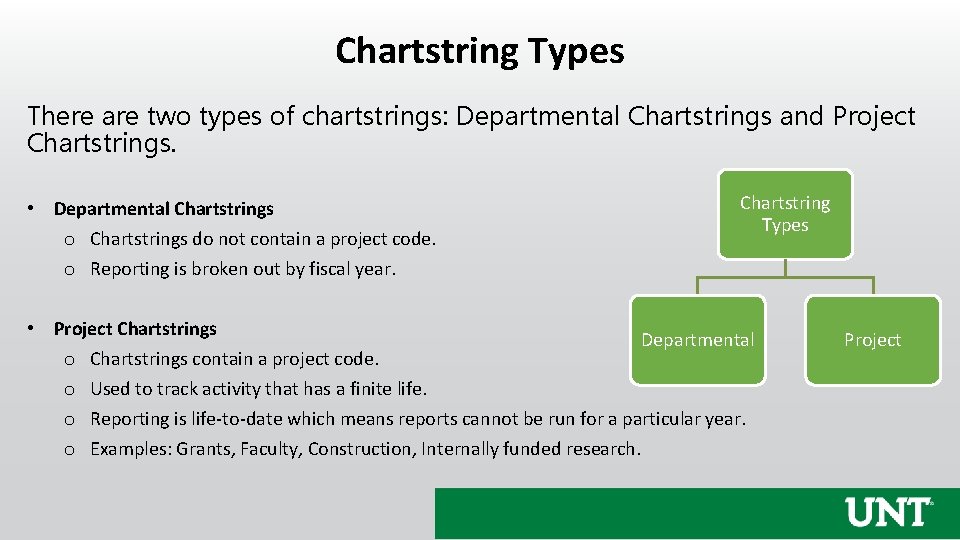 Chartstring Types There are two types of chartstrings: Departmental Chartstrings and Project Chartstrings. •