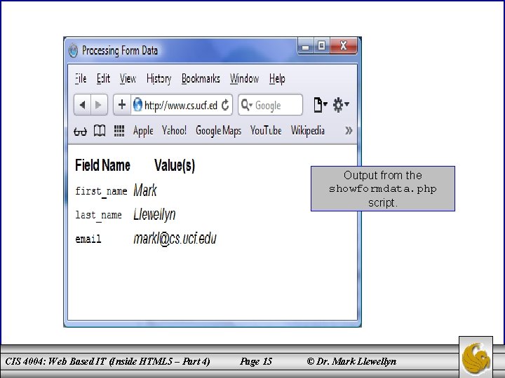 Output from the showformdata. php script. CIS 4004: Web Based IT (Inside HTML 5