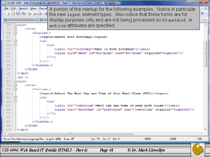 A portion of the markup for the following examples. Notice in particular the new