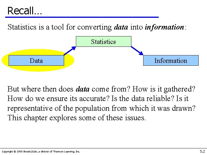 Recall… Statistics is a tool for converting data into information: Statistics Data Information But