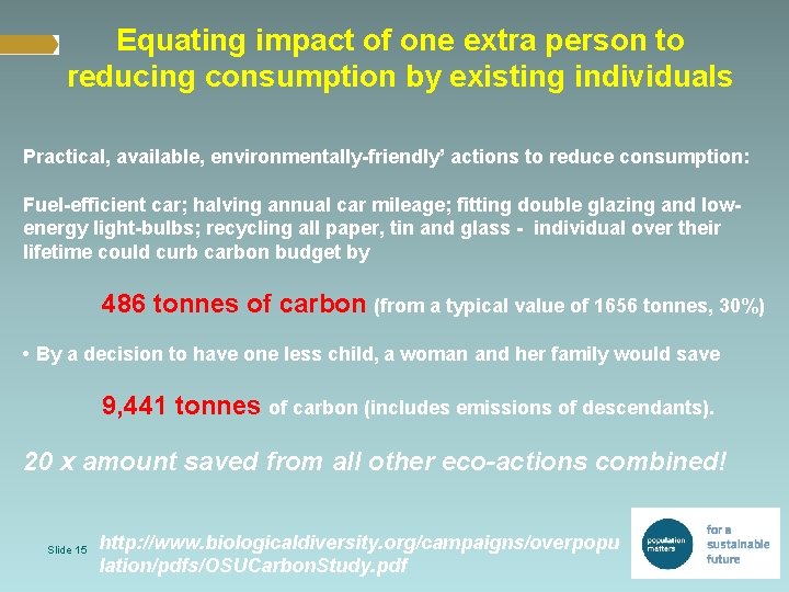 Equating impact of one extra person to reducing consumption by existing individuals Practical, available,