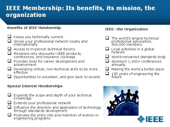 IEEE Membership: Its benefits, its mission, the organization Benefits of IEEE Membership IEEE—the Organization