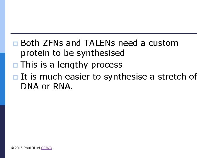 Both ZFNs and TALENs need a custom protein to be synthesised p This is