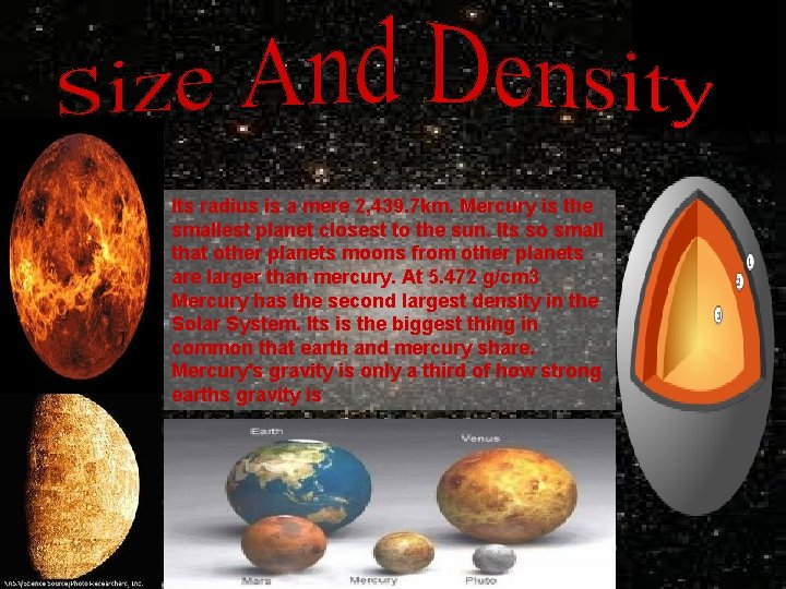 Its radius is a mere 2, 439. 7 km. Mercury is the smallest planet