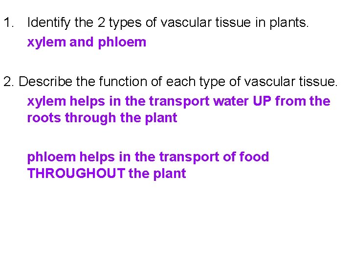 1. Identify the 2 types of vascular tissue in plants. xylem and phloem 2.