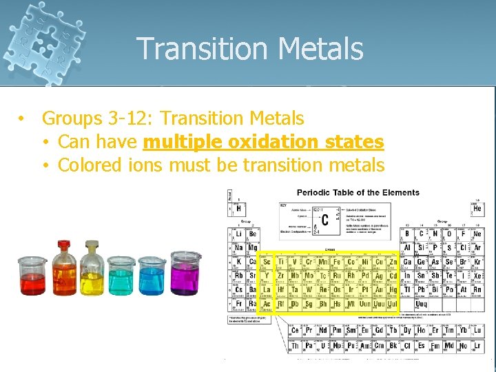 Transition Metals • Groups 3 -12: Transition Metals • Can have multiple oxidation states